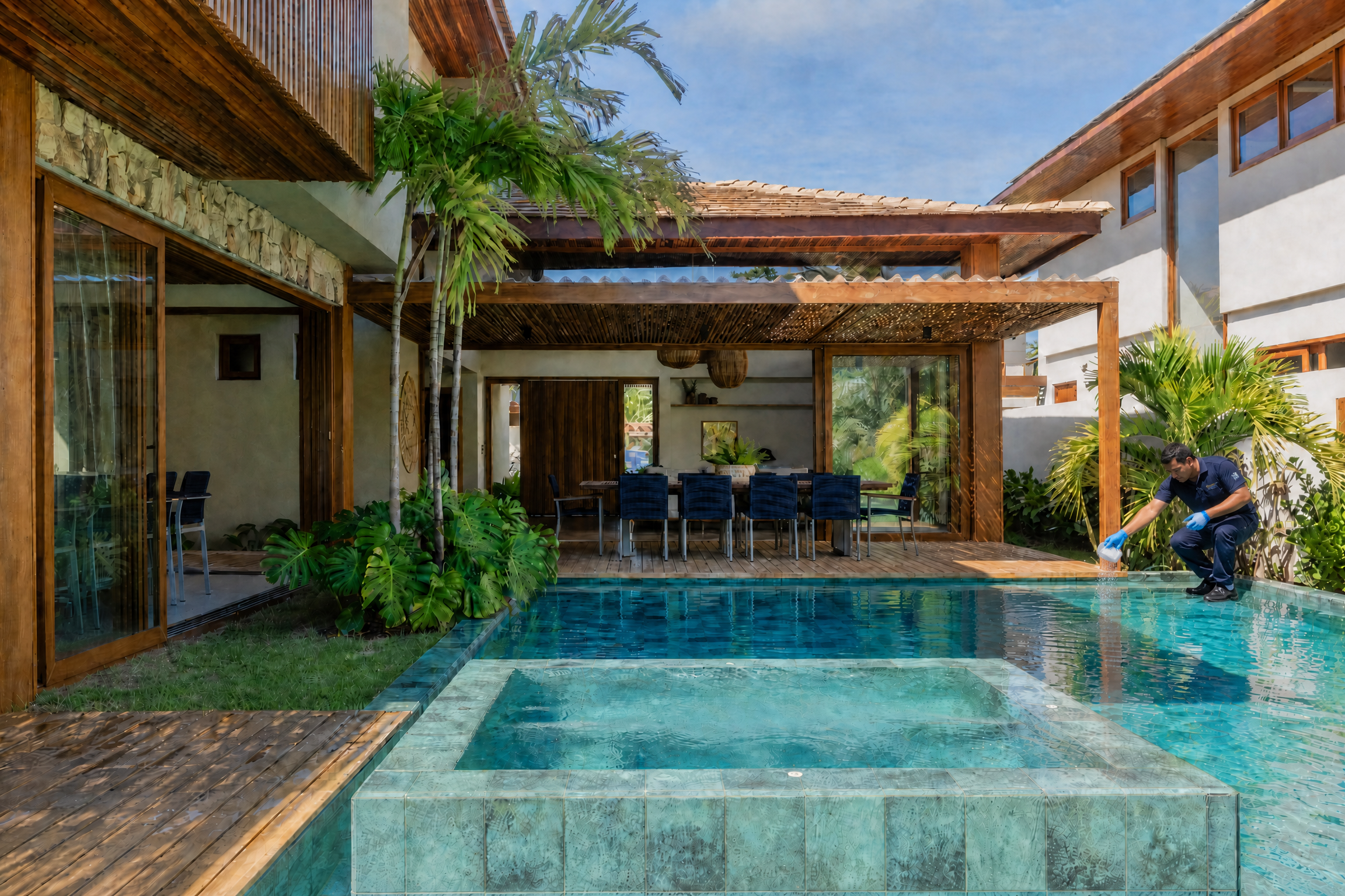 Aplicação de produto químico em piscina residencial