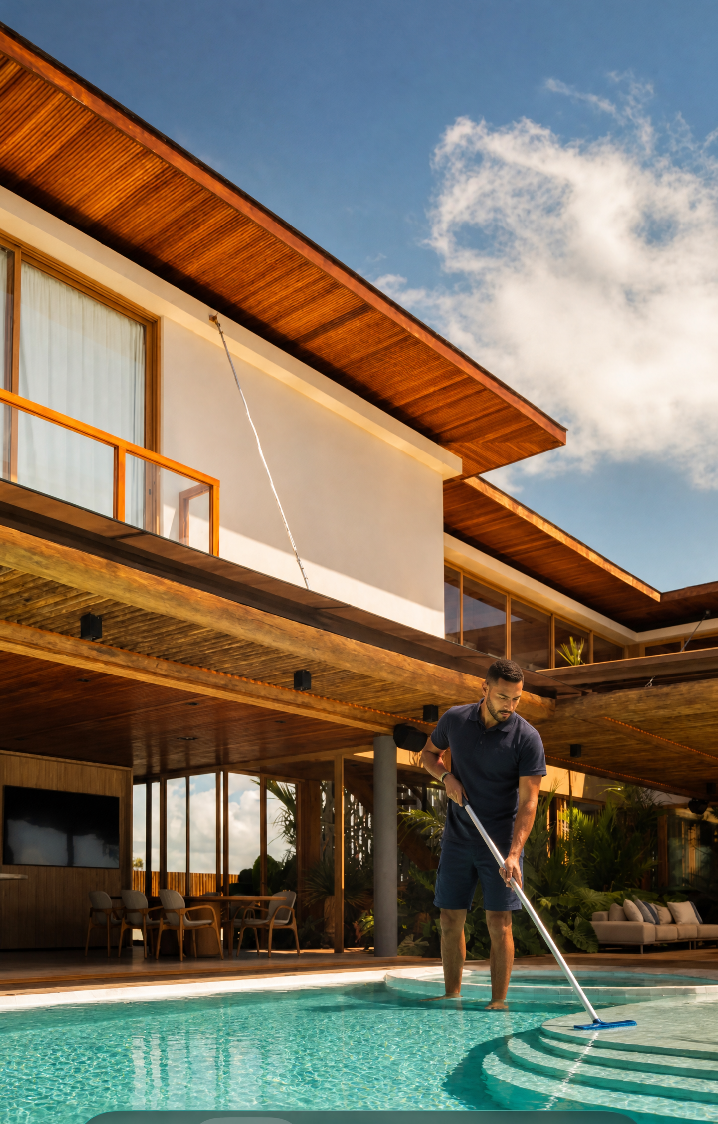 Manutenção de piscina residencial ao entardecer